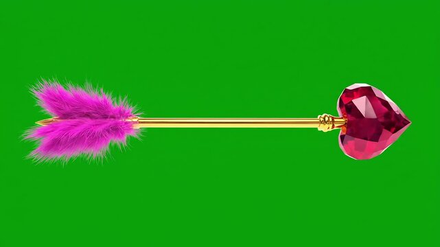 Golden Cupid arrow with ruby gem heart tip flying across green screen background for luxury love concept, Valentine's Day jewelry, and romantic archery.