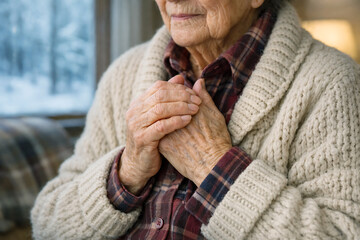Elderly man adjusting plaid shirt collar