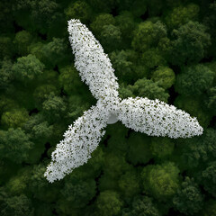An aerial view of a wind turbine surrounded by lush green trees, symbolizing sustainability and renewable energy.