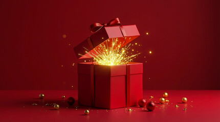 Red gift box with lid open and golden sparkles inside on red background with scattered ornaments