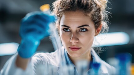 Focused female scientist in laboratory analyzes sample in test tube with precision, showcasing modern research techniques and dedication to science