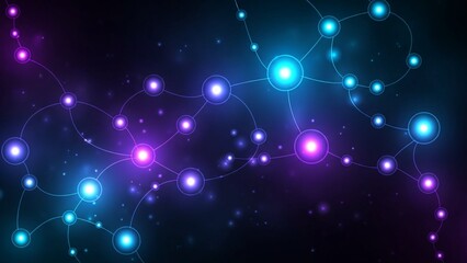 Vibrant network of glowing blue and purple nodes connected by lines on a dark background representing technology and innovation with connections