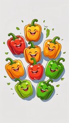 Cheerful clapping bright bell pepper vegetables in cartoon illustration on plain white background