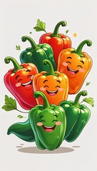 Cheerful clapping bright bell pepper vegetables in cartoon illustration on plain white background