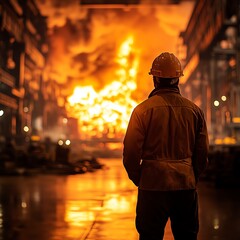 A steelworker in a hard hat stands in a steel mill, observing a large fire in the background.  high resolution   for isolate image