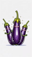 Cheerful clapping shiny eggplant vegetables in cartoon illustration on plain white background