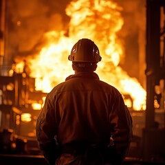 A steelworker in a hard hat stands in a steel mill, observing a large fire in the background.  high resolution   for isolate image
