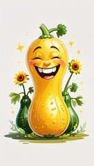 Cheerful laughing sunny yellow squash vegetables in cartoon illustration on plain white background