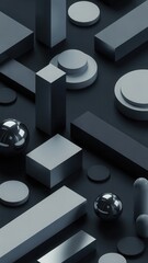 Abstract 3d geometric shapes composition with dark background and metallic spheres, modern digital art rendering