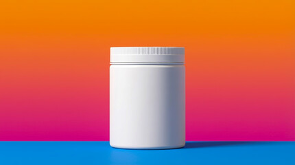 White cylindrical container with a white lid against a gradient background of orange and blue
