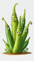 Curious peeking spiky ampalaya vegetables in cartoon illustration on plain white background