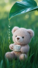 Cute teddy bear sitting in green grass holding a small teacup, water droplets falling from a large leaf above
