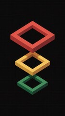 Three dimensional isometric squares stacked vertically with red, yellow, and green colors on black background