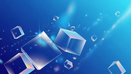 Floating transparent cubes with light reflections on blue background, abstract technology concept with glowing effect and geometric shapes with 3d