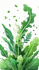 Dreamy drifting soft leafy greens vegetables in cartoon illustration on plain white background