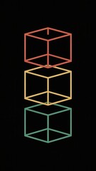Abstract geometric composition of three stacked wireframe cubes in retro colors against a black background