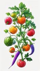 Dreamy floating magical orchard vegetables in cartoon illustration on plain white background