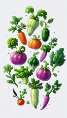 Dreamy floating magical orchard vegetables in cartoon illustration on plain white background