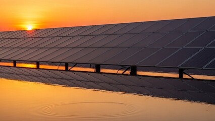Solar panels on a rooftop at sunset with warm orange glow reflecting on surface with renewable energy and sustainable power and eco friendly