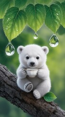 Adorable baby polar bear cub sitting on a tree branch, holding a small white cup, with dewdrops on green leaves above