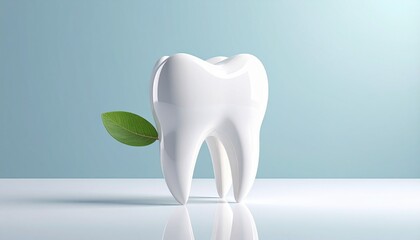 Close Up of a Tooth with a Leaf Against a Blue Background and White Surface Studio Shot