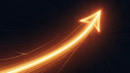 Glowing orange arrow with light trails on dark background, symbolizing growth, progress, and innovation in business and technology with success