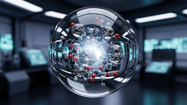 Glass sphere with molecular structure inside, glowing brightly on a laboratory table with computers in the background, science and technology concept - Powered by Adobe