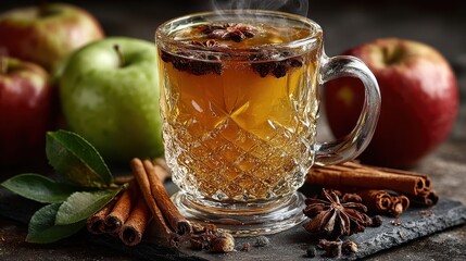 Hot spiced beverage with cinnamon and star anise in a glass mug on a wooden table