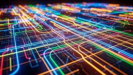 Vibrant neon grid with colorful glowing lines on a dark background representing technology and innovation with a futuristic feel with abstract