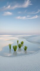 Lush green plants growing in shallow water amidst vast white gypsum sand dunes under a soft blue sky at sunrise or sunset