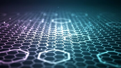 Glowing hexagonal grid pattern with sparkling particles on dark background, futuristic technology concept with honeycomb structure and neon lights