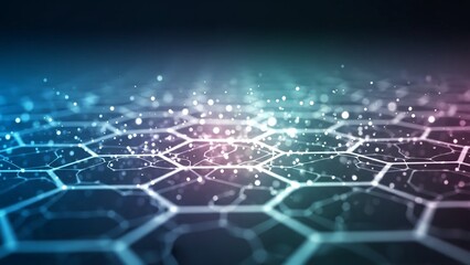 Glowing hexagonal network with sparkling connections and nodes on a dark background with blue and purple hues representing technology and innovation