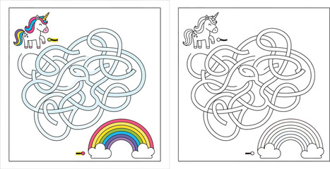 Unicorn maze game for kids with coloring page. Educational labyrinth puzzle vector illustration. Help the cute unicorn find the rainbow. Activity sheet and coloring book for children. © SHOHAG