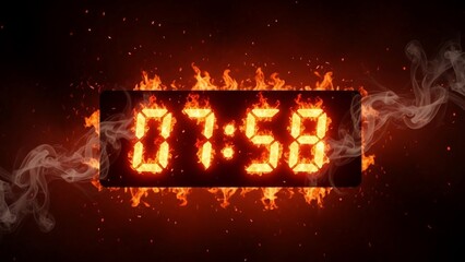 A digital clock on fire with flames and smoke on a dark background showing 7 minutes 58 seconds with burning clock and countdown and timer and urgency