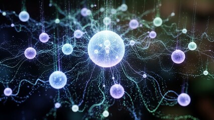 Glowing blue neurons on dark background with connections and synapses, neural network, biotechnology concept, futuristic brain cells, artificial intelligence, data