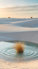 Tranquil desert oasis at sunrise, ripples spreading from a lone tuft of dry grass in a shallow pool amidst white gypsum sand dunes