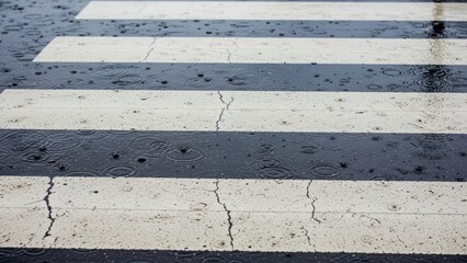 Rainy day crosswalk with puddles and raindrop ripples on wet asphalt