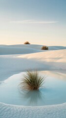 Serene desert oasis at sunrise sparse green bush thriving in a small pool amidst white sand dunes under a pale sky