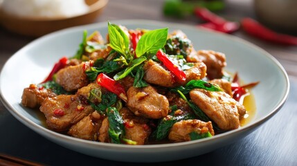 Fototapeta premium Delicious stir-fried chicken with fresh basil and chili peppers served on a white ceramic plate