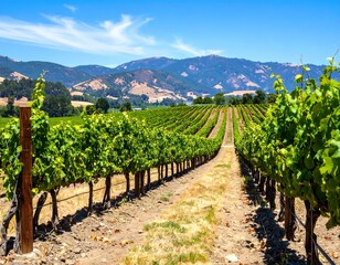 Fototapeta premium Lush rows of grapevines stretch toward distant mountains under a bright blue sky dotted with wispy clouds, a sunny vineyard scene