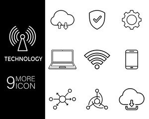Technology and Communication Line Icon Set Featuring Cloud Computing, WiFi, and Connectivity Symbols