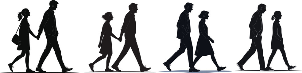 couples holding hands walking together on checkered background vector silhouette