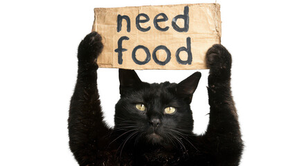 black cat holding up an empty sign with the text "need food"