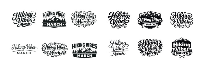 Hiking vibes march: collection of adventure-themed typography logos with mountain illustrations