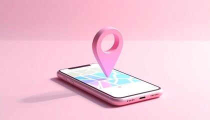Pink Map Marker Floating Above Smartphone Displaying Abstract Location Data in Studio