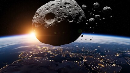 Large asteroid approaching earth with fragments in space, illuminated by sunrise over planet's surface with city lights at night with impact
