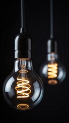 Two glowing vintage edison light bulbs with spiral filaments hanging against a dark background, closeup