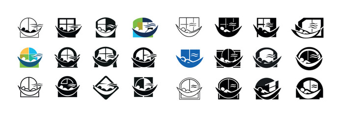 Variety of boat logos in black and color themes with waves