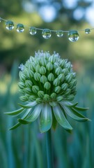 Closeup of a green allium flower bud with dew drops hanging on a thread above it in a garden setting