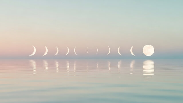Moon phases reflected on calm water surface at sunset
